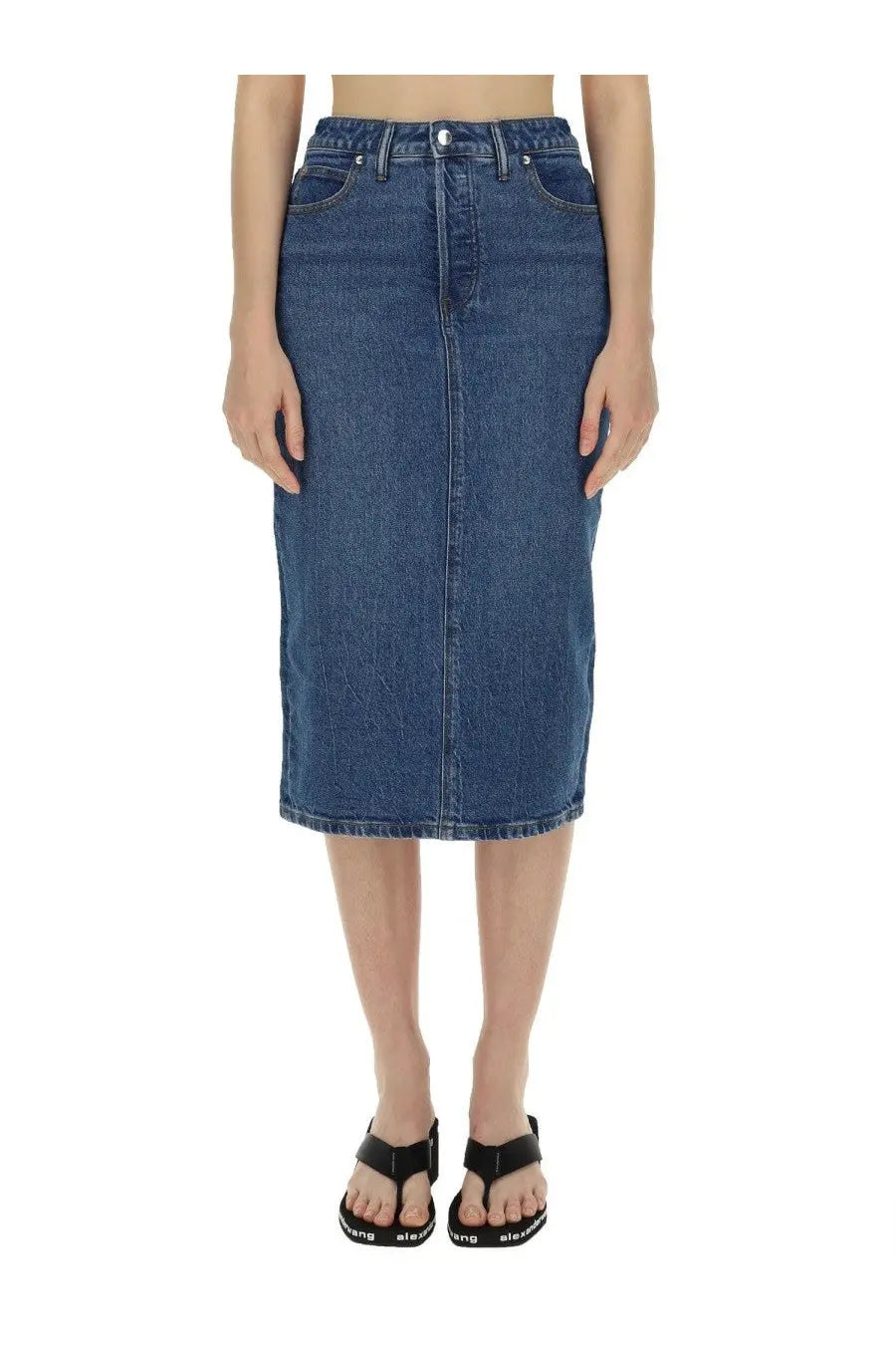 Alexanderwang women’s midi skirt in classic medium blue denim with visible stitching and belt loops mid-thigh length