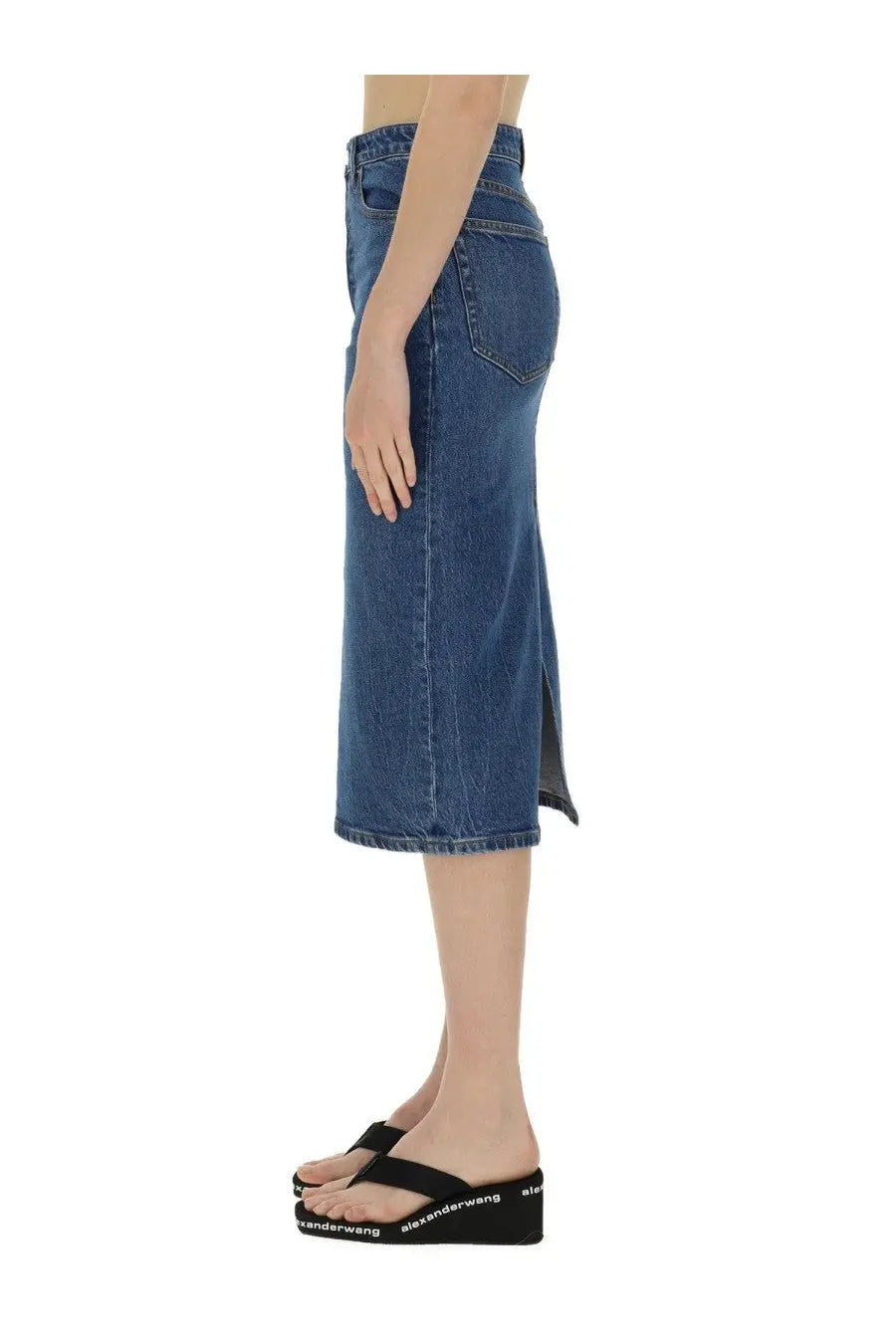 Alexanderwang women’s blue denim midi skirt with mid-thigh side slit and classic five-pocket design