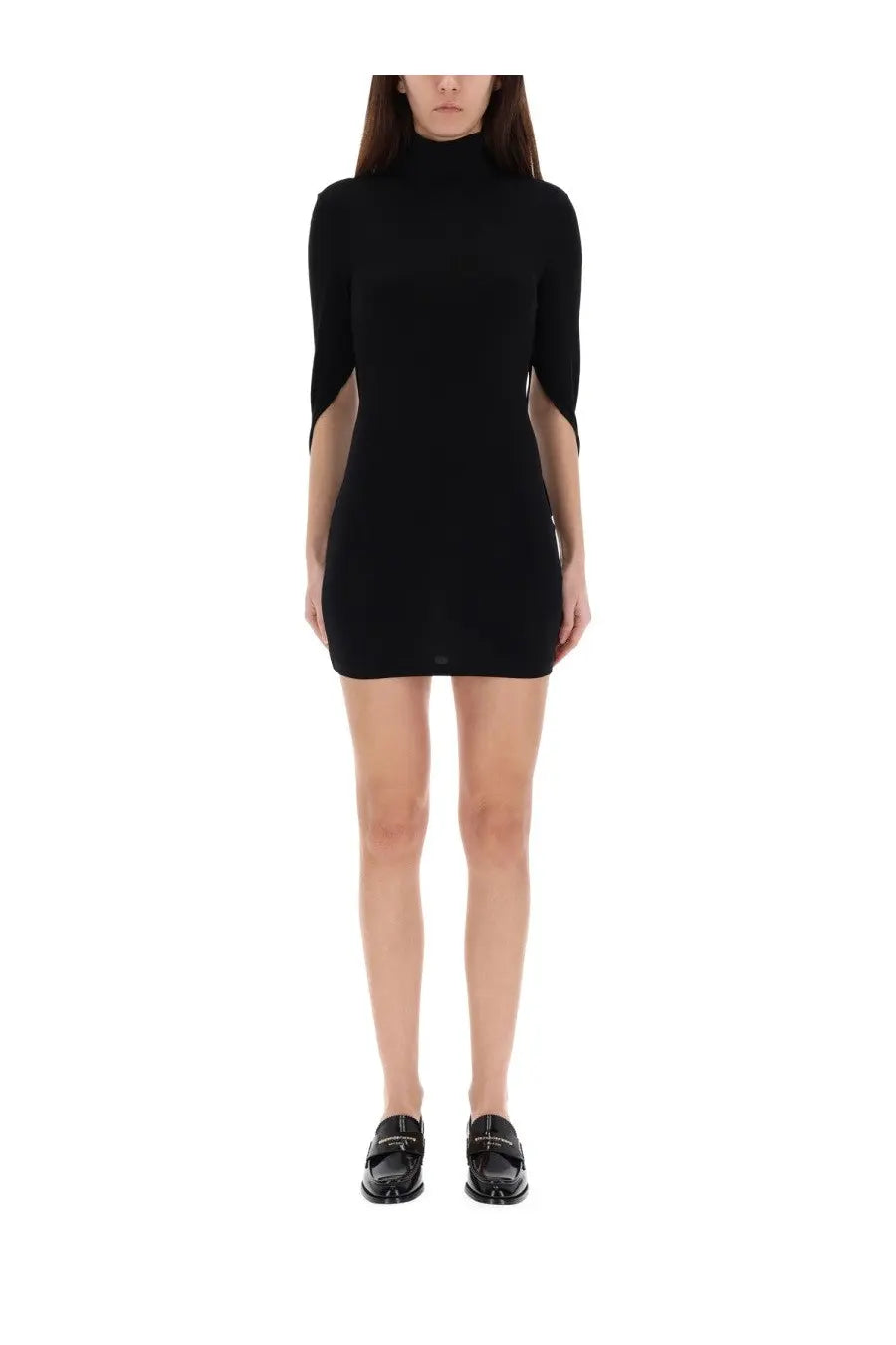 Alexanderwang women’s black high-neck mini draped dress with three-quarter sleeves and side cut-out details