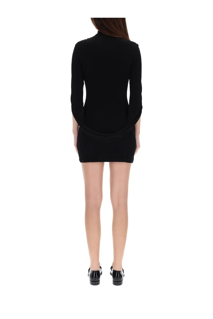 Alexanderwang women’s black mini draped dress with long sleeves high neckline and fitted silhouette