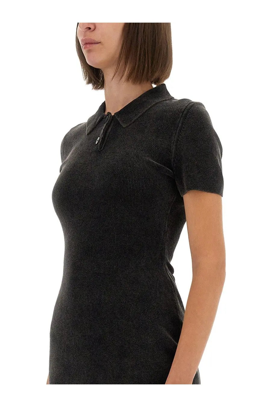 Alexanderwang women’s mini dress in grey ribbed knit with collar and short sleeves front view
