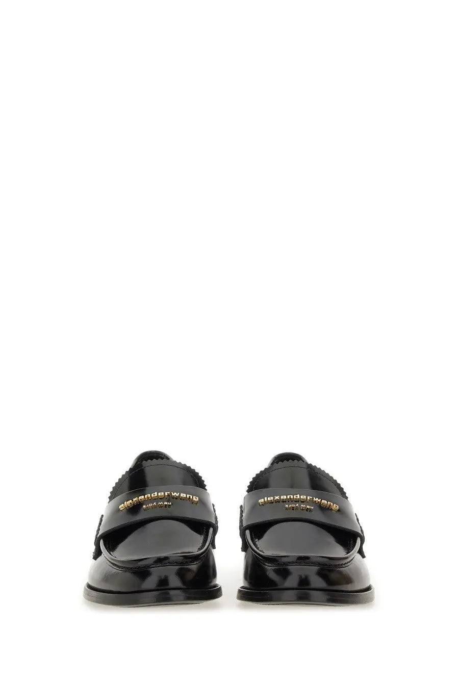 Alexanderwang women’s black patent leather moccasin carter loafers with gold-tone branding detail