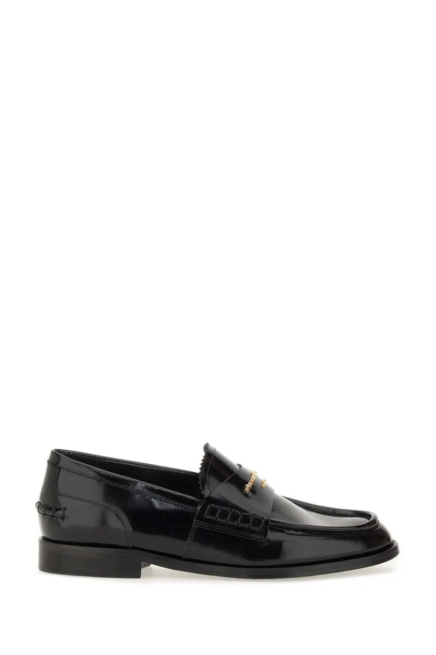 Alexanderwang women’s moccasin carter black patent leather loafer with gold tone logo plaque on the vamp