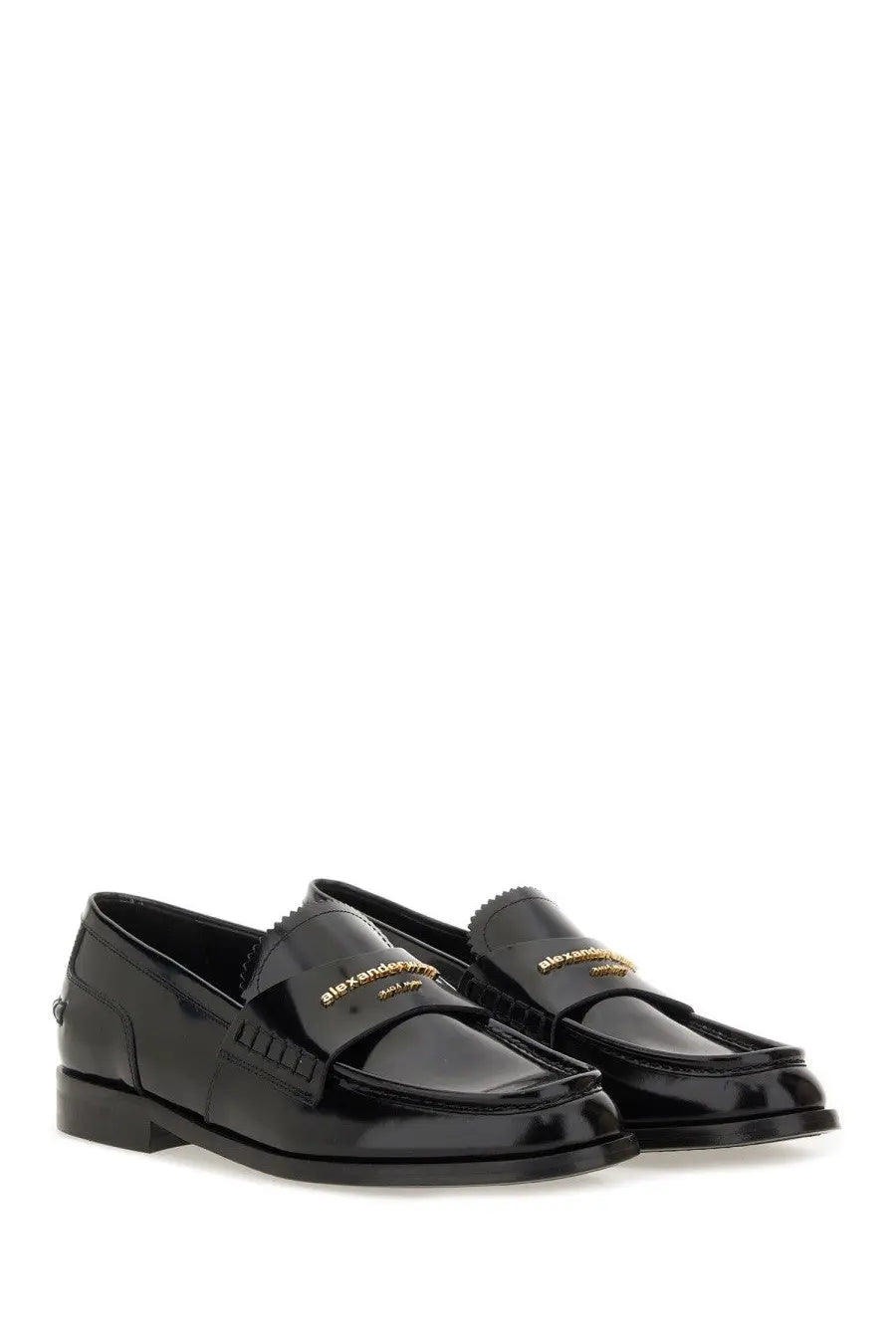 Alexanderwang women’s black patent leather moccasin carter loafers with gold tone branding on the front