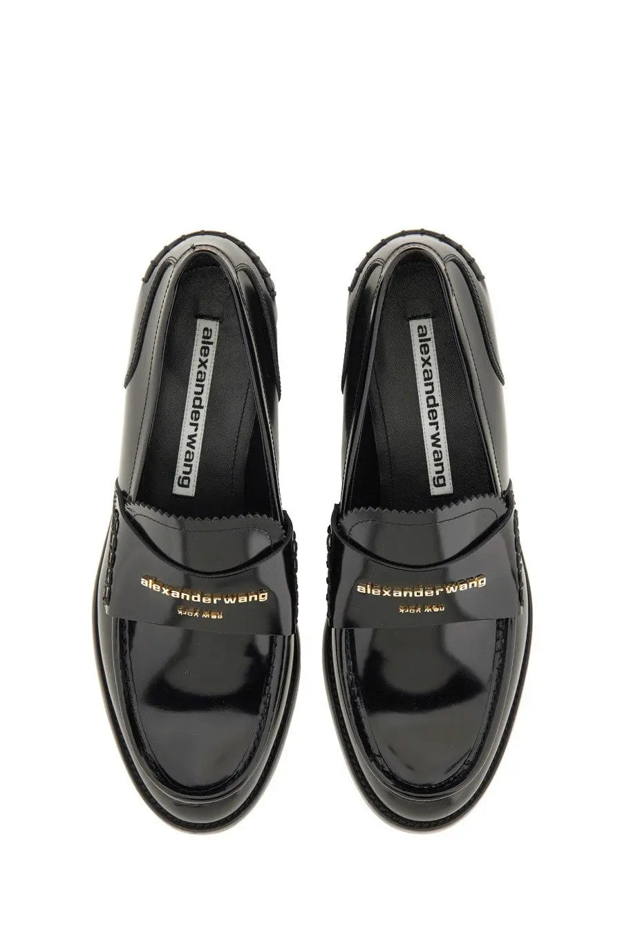Alexanderwang women’s moccasin carter black black patent leather loafers with gold foil branding and minimalist design
