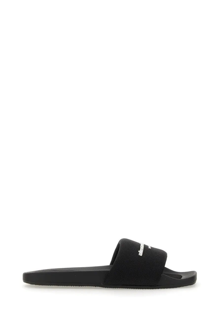 Black rubber slide sandal with textured strap and silver balenciaga logo from alexanderwang women’s nylon aw sandal black