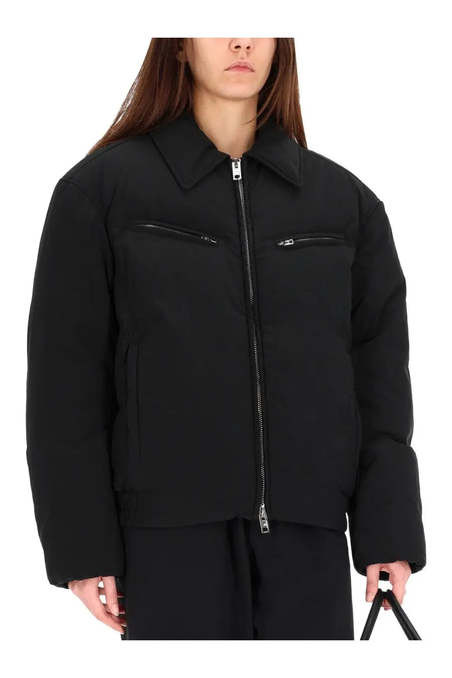 Alexanderwang women’s black padded puffer jacket with collar front zipper and two chest zippered pockets