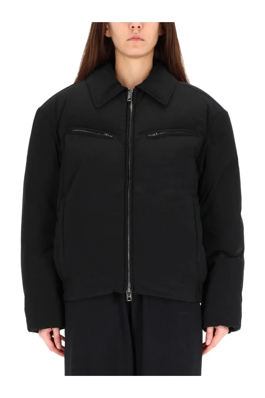 Alexanderwang women’s black padded puffer jacket with collar front zipper and two zipped chest pockets