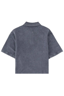 Dark gray alexanderwang women’s polo con blue shirt with subtle textured fabric and clean stitching in short sleeves