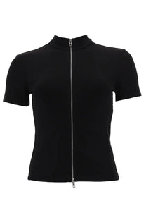 Alexanderwang women’s black rashguard top with short sleeves high neckline and front zipper for activewear