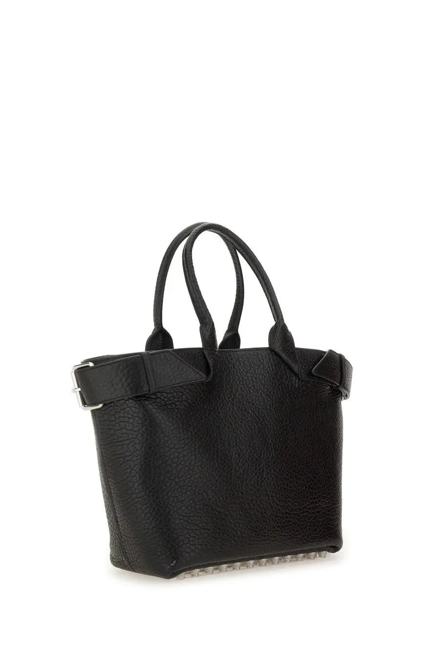 Alexanderwang women’s rhett large tote bag black textured leather with silver buckle and studded trim along the bottom