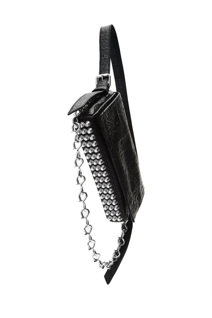Alexanderwang women’s rich slim bag black crocodile textured leather crossbody with silver heart chain and studded front panel