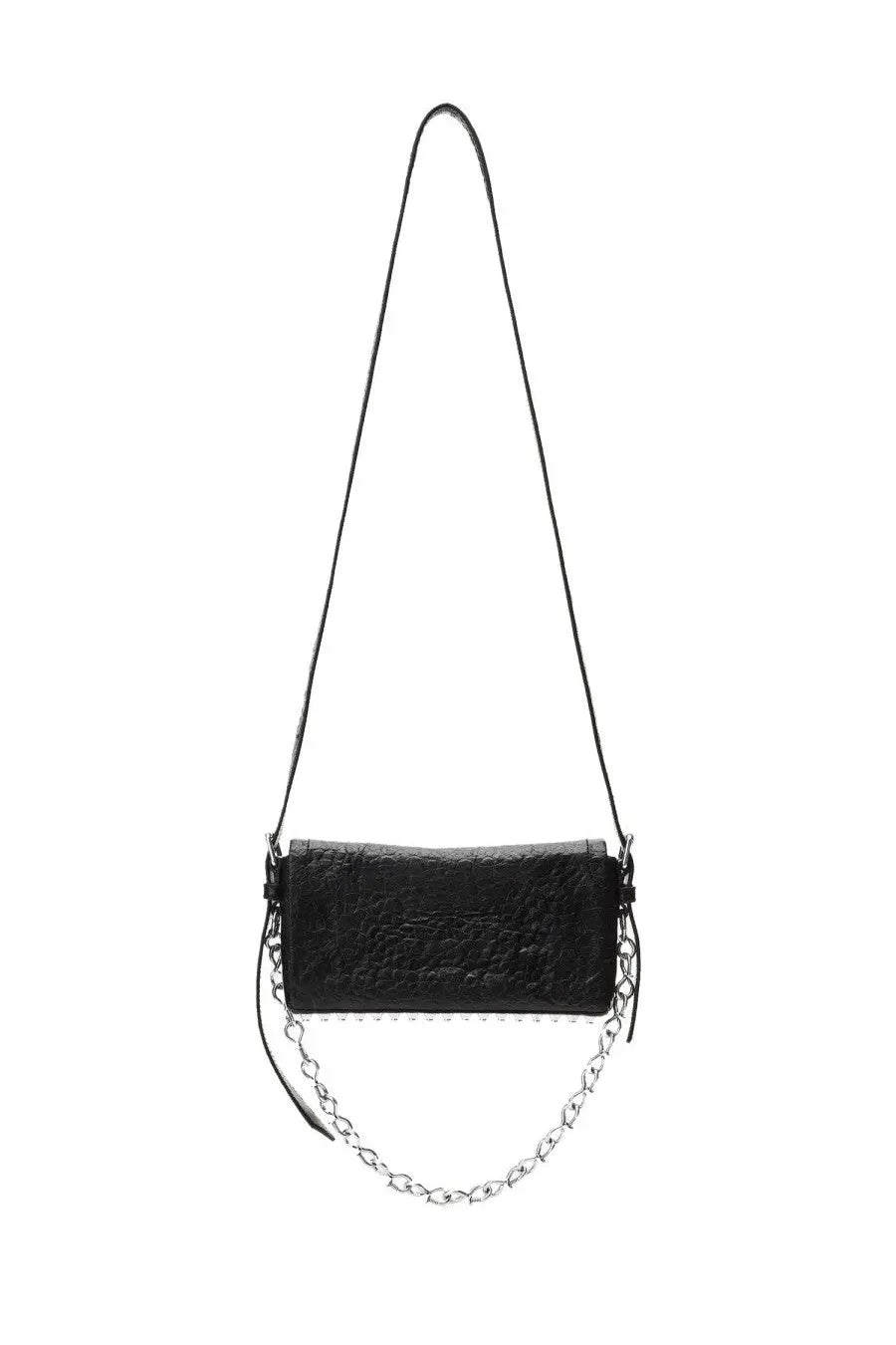 Alexanderwang women’s rich slim bag black textured leather crossbody with silver chain and strap for hands free use