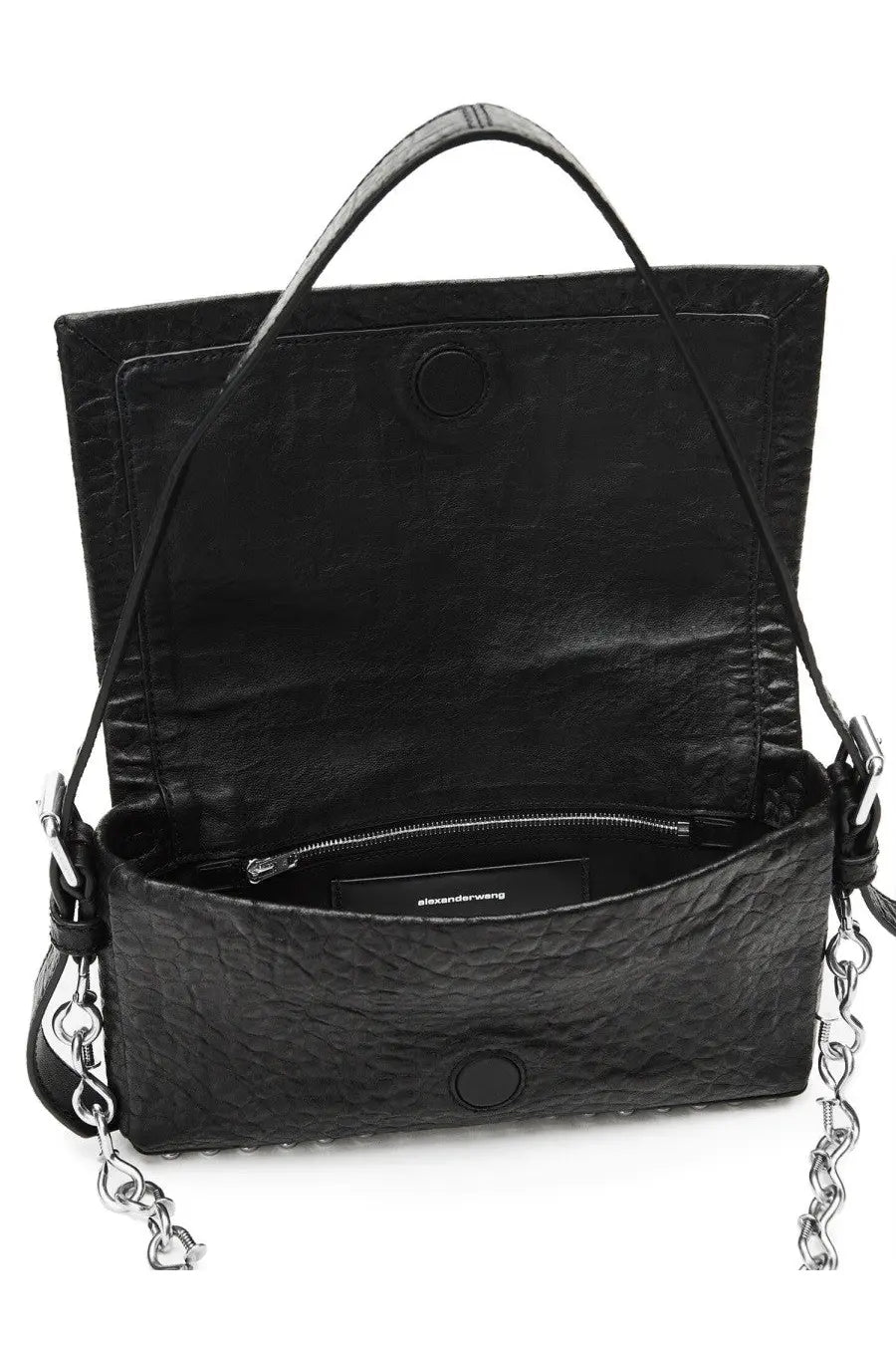 Alexanderwang women’s rich slim bag black textured leather crossbody with silver chain strap and circular hardware details
