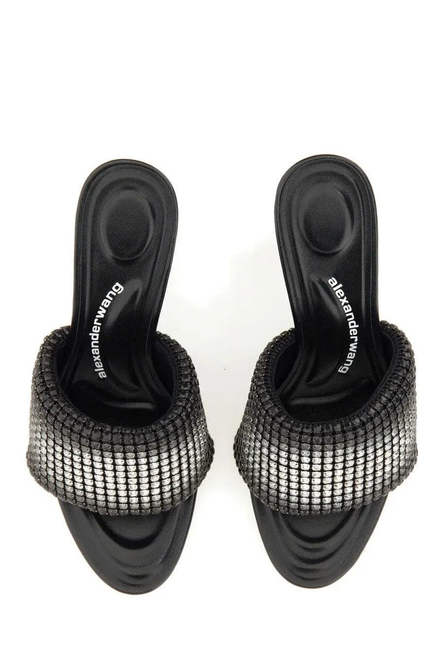 Alexanderwang women’s sabot heiress black mules with a sparkling silver mesh strap and sleek black design