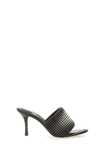Alexanderwang women’s sabot heiress black woven leather mule sandal with a slender heel shown from the back side