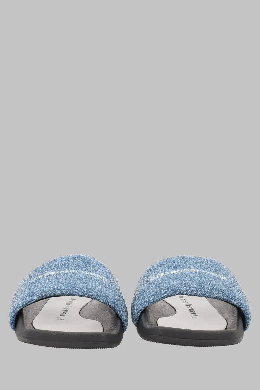 Alexanderwang women’s sandalo slide in denim blue with blue textured fabric straps black sole and white insole