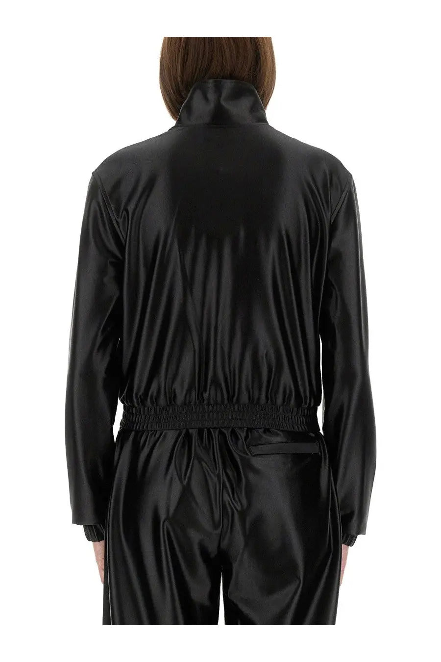 Alexanderwang women’s black satin faille jumpsuit with high collar and elastic waistband front view