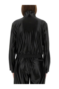 Alexanderwang women’s black satin faille jumpsuit with high collar and elastic waistband front view