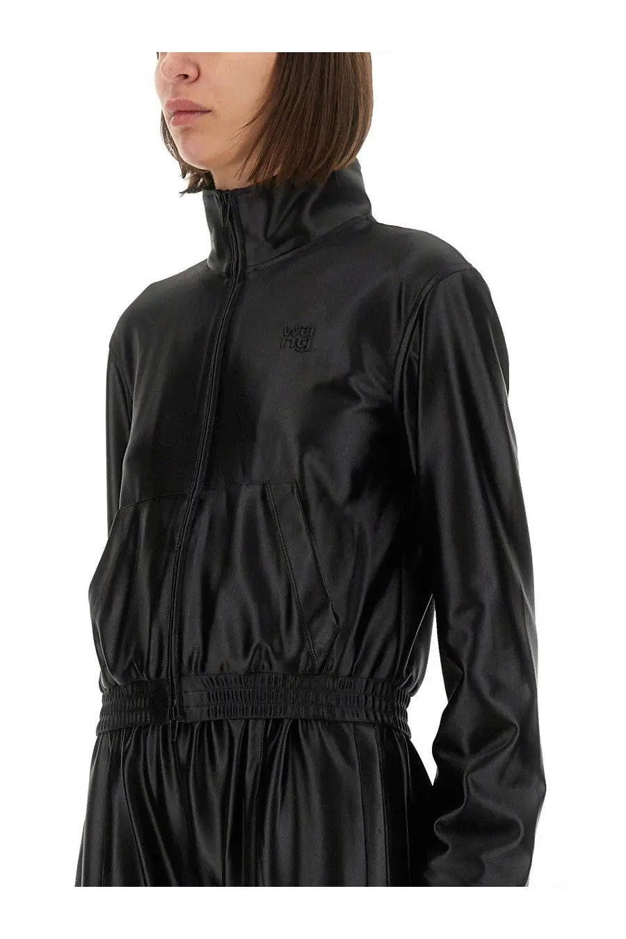 Alexanderwang women’s black satin faille track jacket with high collar and elastic waistband