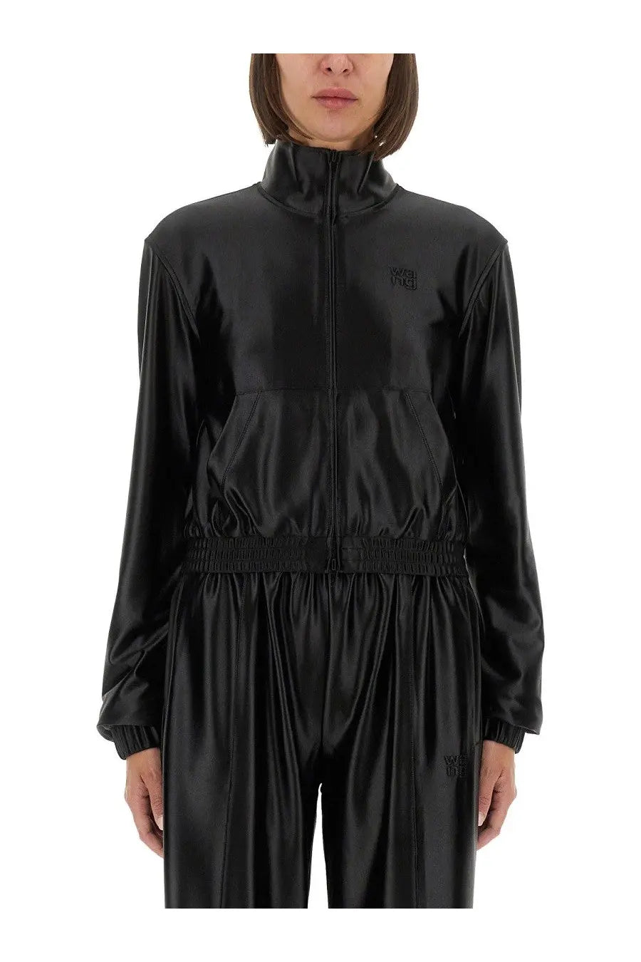 Alexanderwang women’s black satin faille tracksuit with high collar and elastic waistband shown from the back