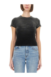 Alexanderwang women’s black short-sleeved cropped shirt with faded distressed texture and embossed chest logo