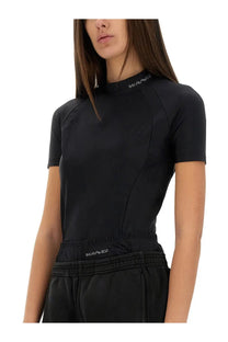 Alexanderwang women’s black short-sleeved high-neck athletic top with subtle seams and wang branding at collar and waistband