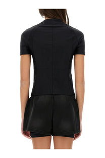 Back view of alexanderwang women’s black short-sleeved rash guard with high collar and seam detailing