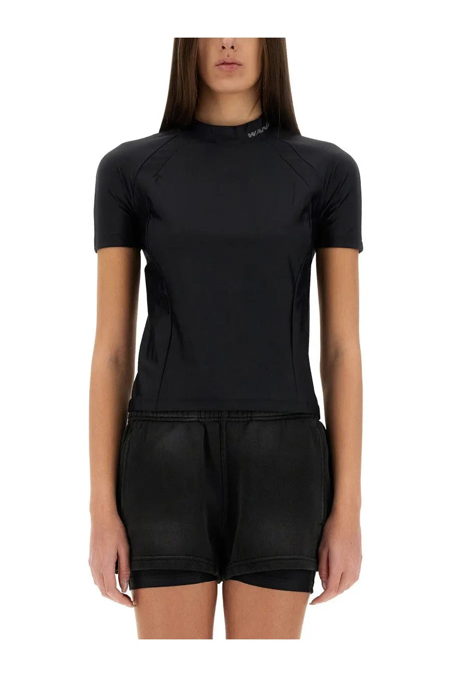 Alexanderwang women’s black short-sleeved rash guard shirt with high neckline and subtle seam detailing