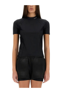 Alexanderwang women’s black short-sleeved rash guard shirt with high neckline and subtle seam detailing