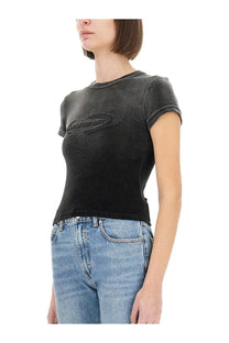 Alexanderwang women’s black short-sleeved shirt with subtle distressed texture and embossed logo on chest