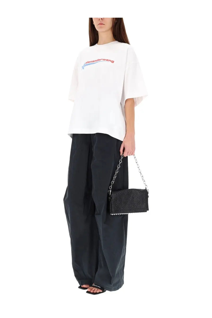 Black textured chain-strap handbag with silver hardware featured in alexanderwang women’s shirt black product image
