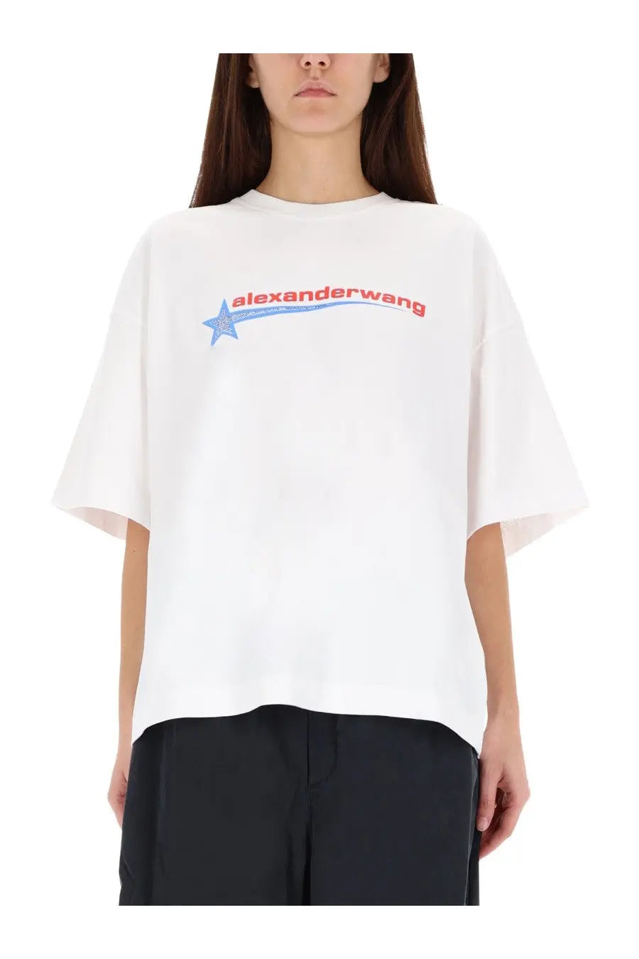Alexanderwang women shirt black featuring a white t-shirt with a red and blue star logo across the chest