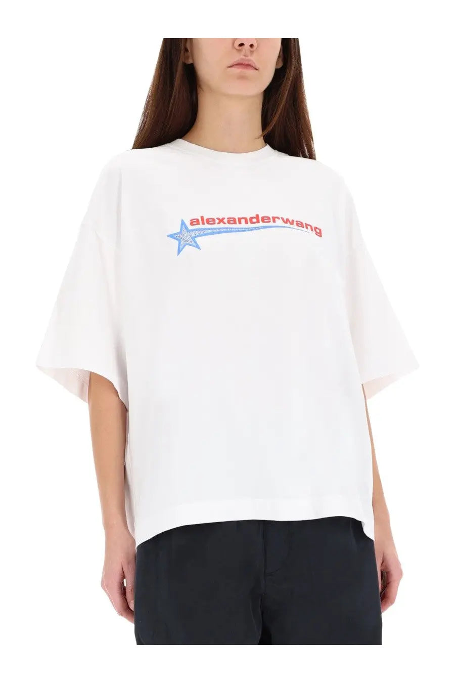 Alexanderwang women’s white t-shirt featuring red and blue star logo across the chest in a casual fit