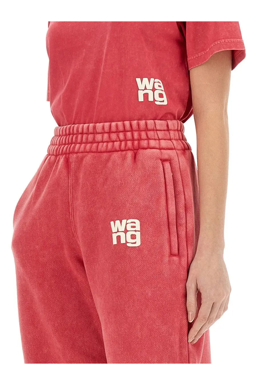 Red cotton sweatpants with white wang logo embroidery on waistband and thigh from alexanderwang women’s shirt blue collection