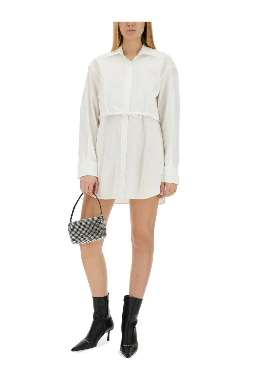 Alexanderwang women’s white button-up shirt dress with cinched waist long sleeves in lightweight fabric