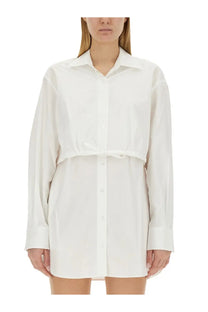 Alexanderwang white oversized button-down shirt dress with cotton fabric and cinched waist tied at the front