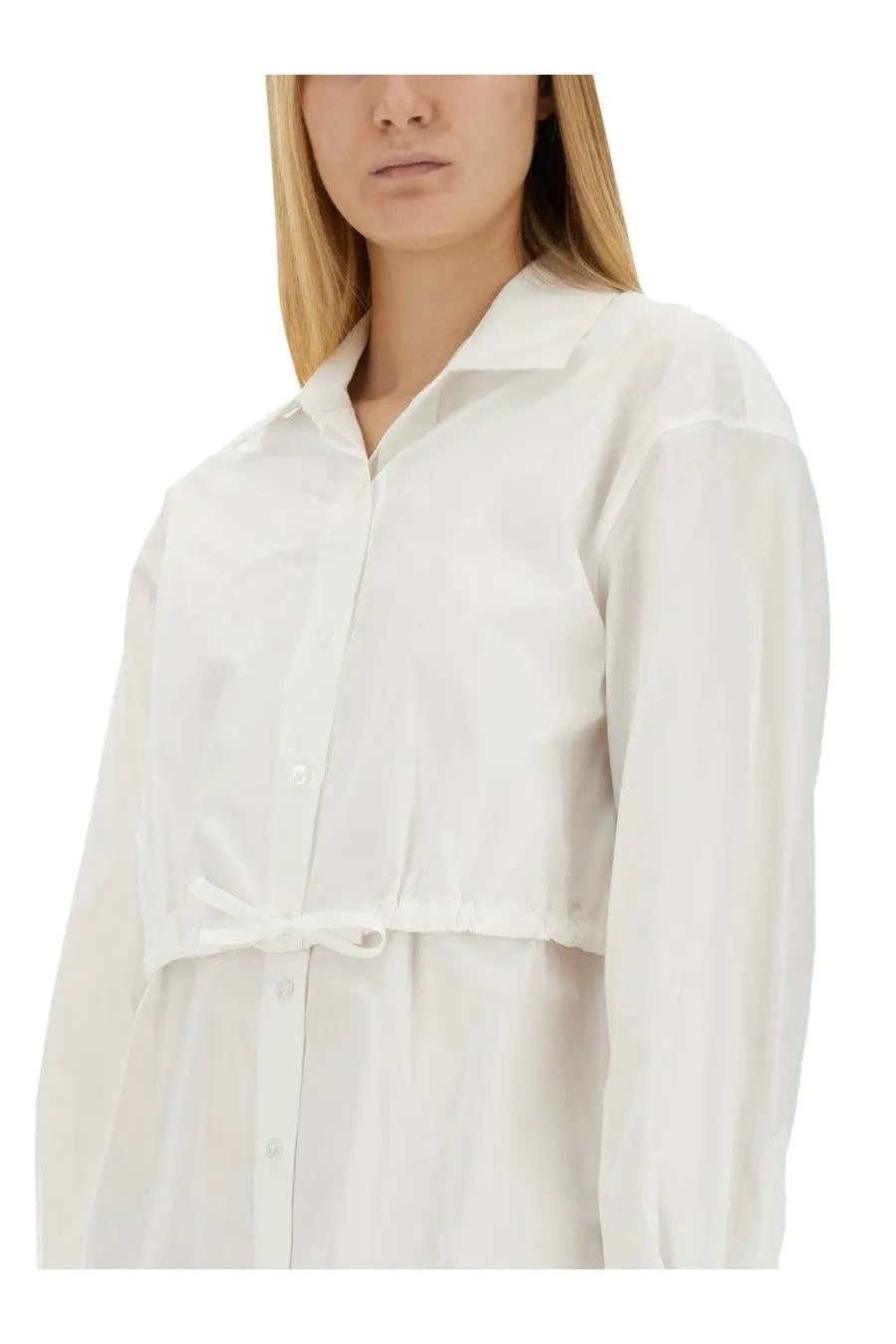 Alexanderwang women’s white semi sheer button down shirt dress with cinched waist and matching tie belt