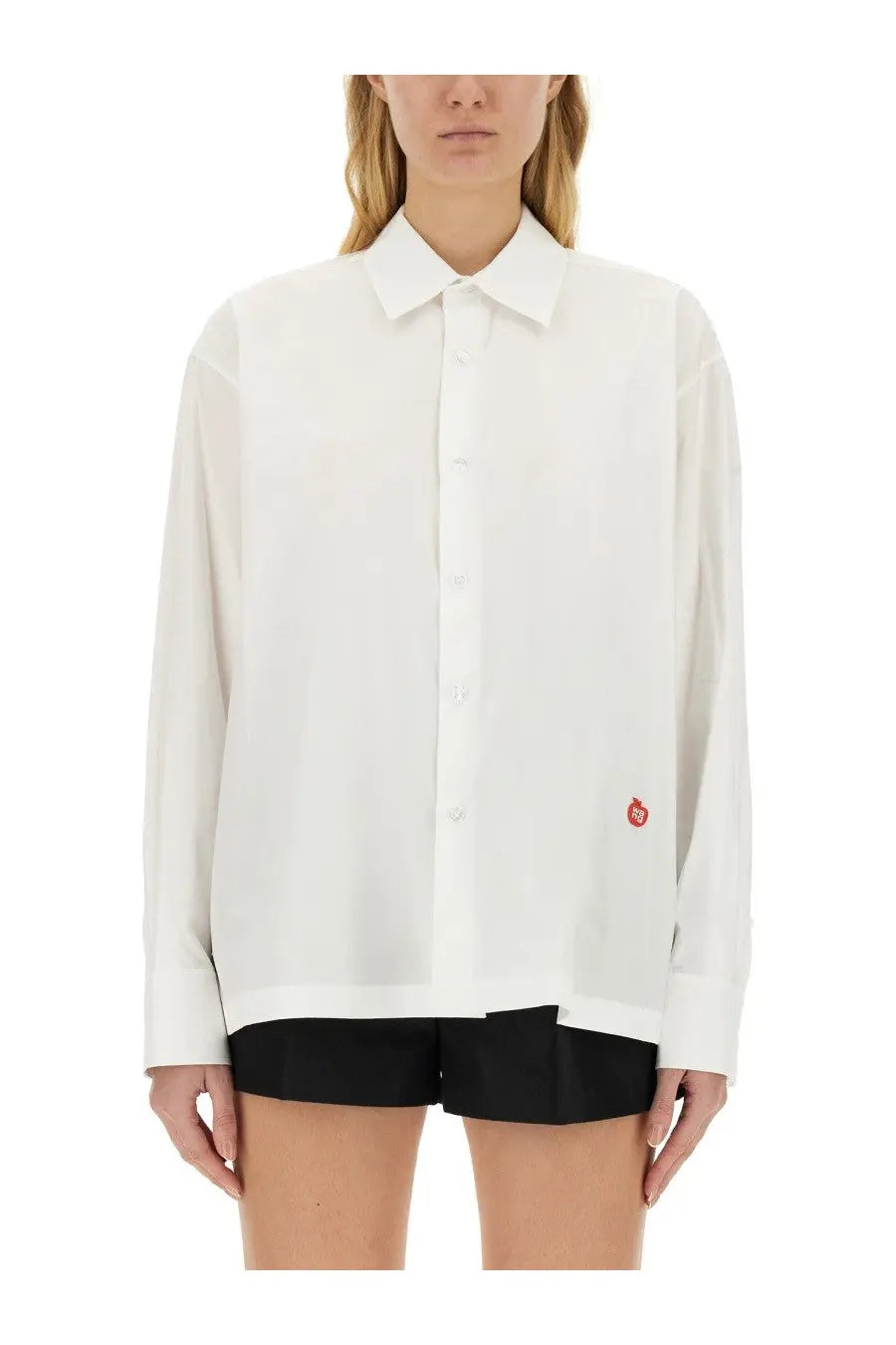 Alexanderwang women’s white oversized button-down shirt with subtle red circular logo on the left chest