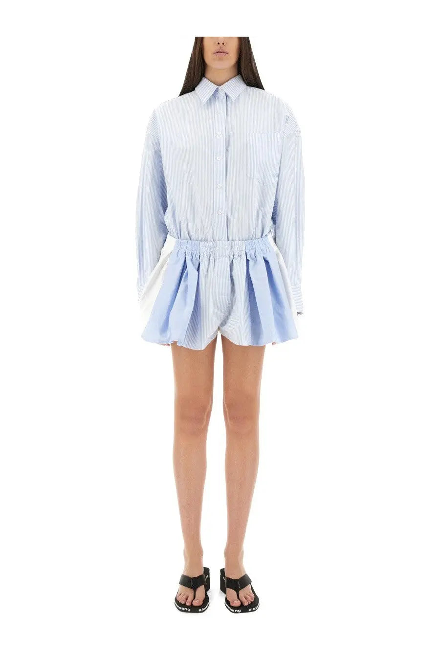 Alexanderwang women’s light blue and white striped button-up shirt with flared gathered waist for casual wear