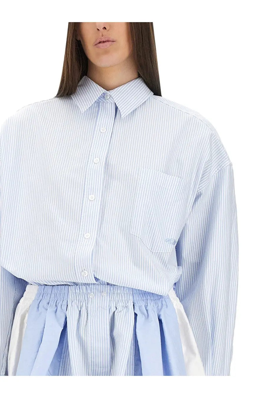 Alexanderwang women’s short overalls in light blue and white vertical stripes with a classic collar button-down shirt style