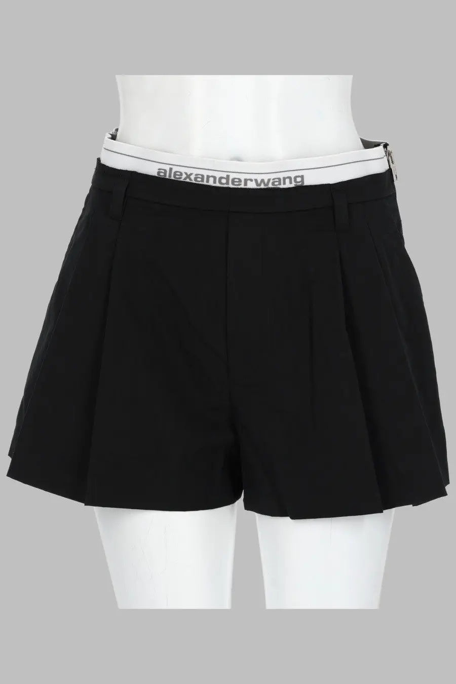 Alexanderwang women’s black pleated shorts with white elastic waistband featuring gray alexanderwang logo