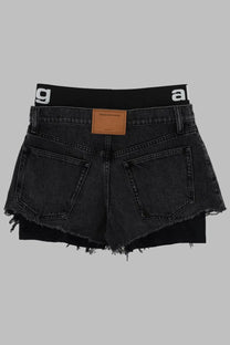 Alexanderwang women’s black denim shorts in con grey with frayed hem and elastic waistband featuring white lettering