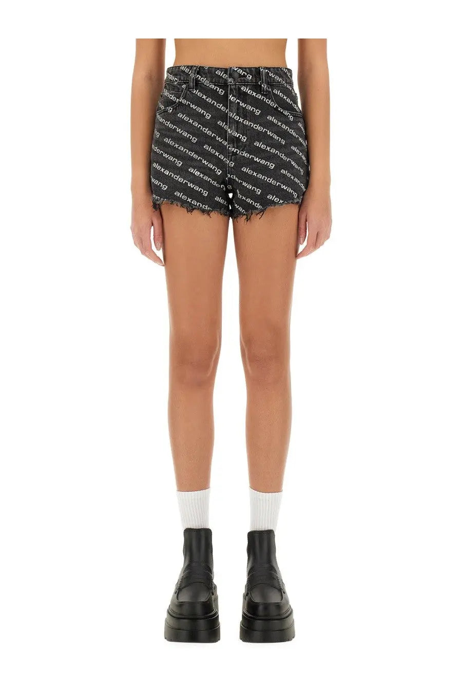 Alexanderwang women’s grey denim shorts with repeating alexanderwang logo print across the fabric front view
