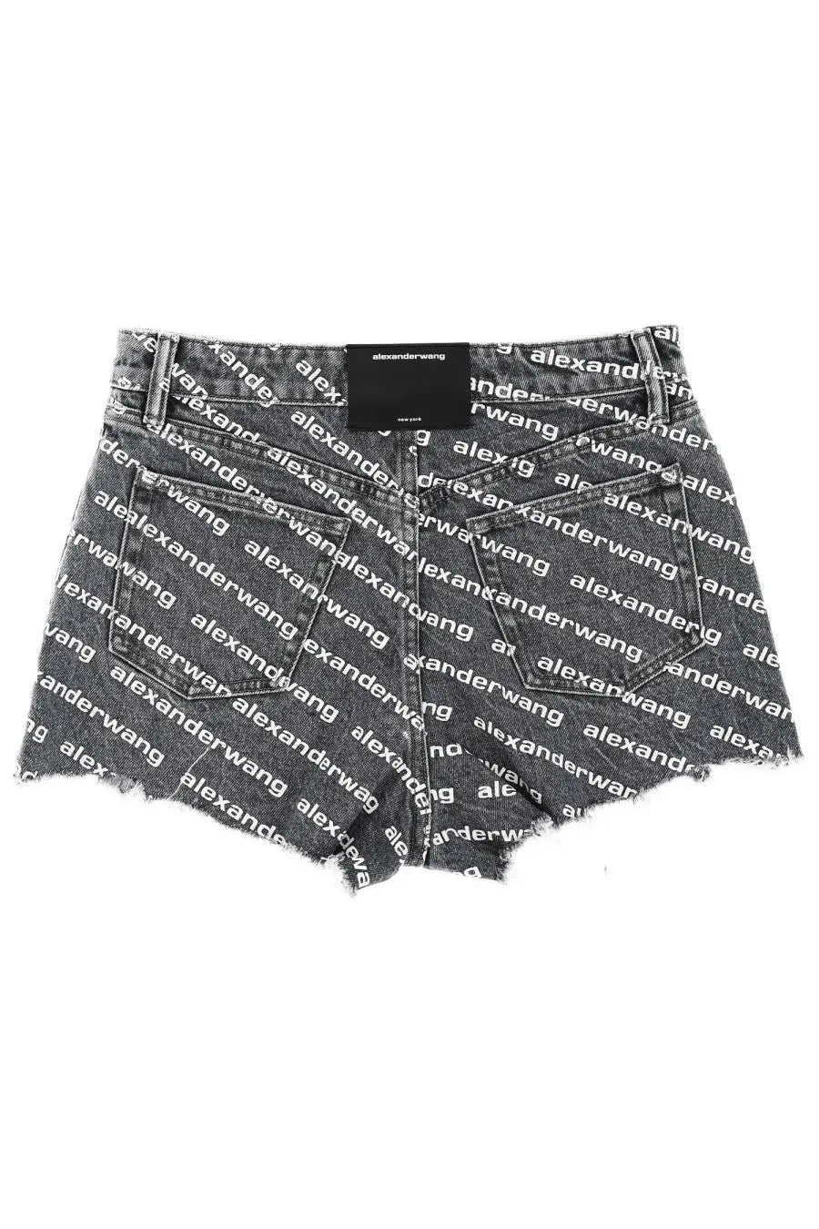 Alexanderwang women’s black denim shorts with repeating white logo print and frayed hem