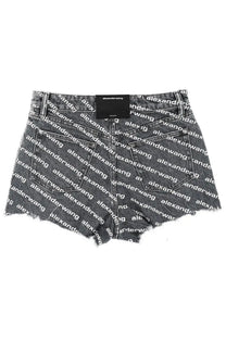 Alexanderwang women’s black denim shorts with repeating white logo print and frayed hem