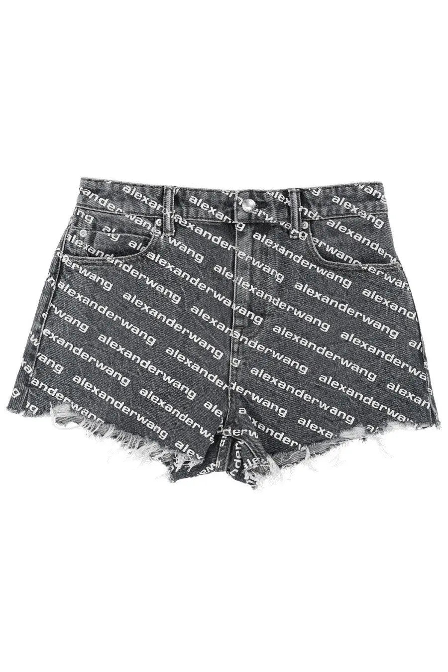 Dark gray denim shorts featuring a repeating alexanderwang logo print and frayed hem for women
