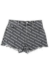 Dark gray denim shorts featuring a repeating alexanderwang logo print and frayed hem for women