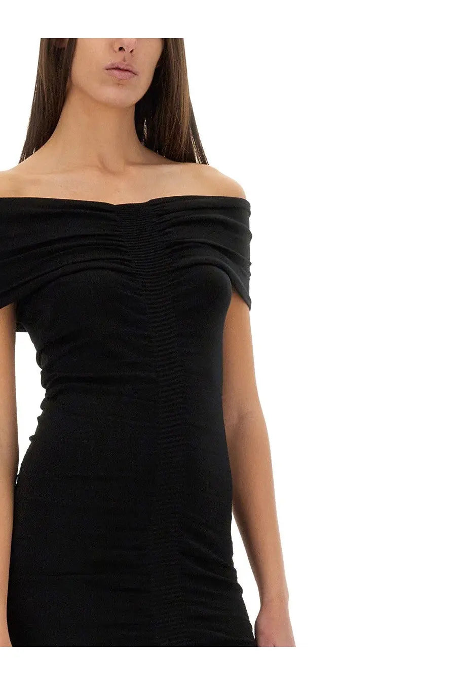 Alexanderwang women’s black off shoulder dress with ruched detailing and form-fitting silhouette in soft fabric