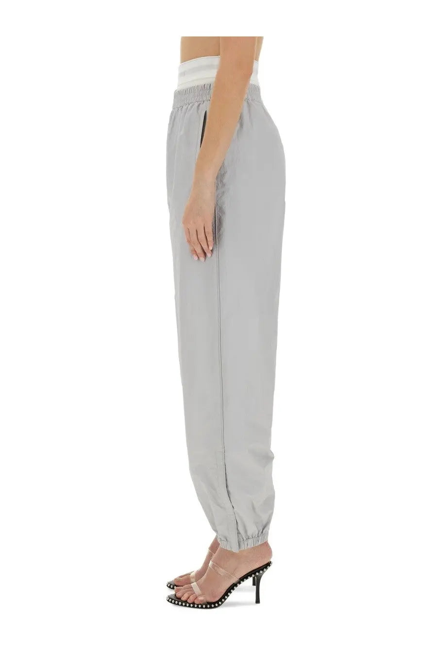 Alexanderwang women’s sports pants grey light gray satin joggers with white elastic waistband and drawstring detailing
